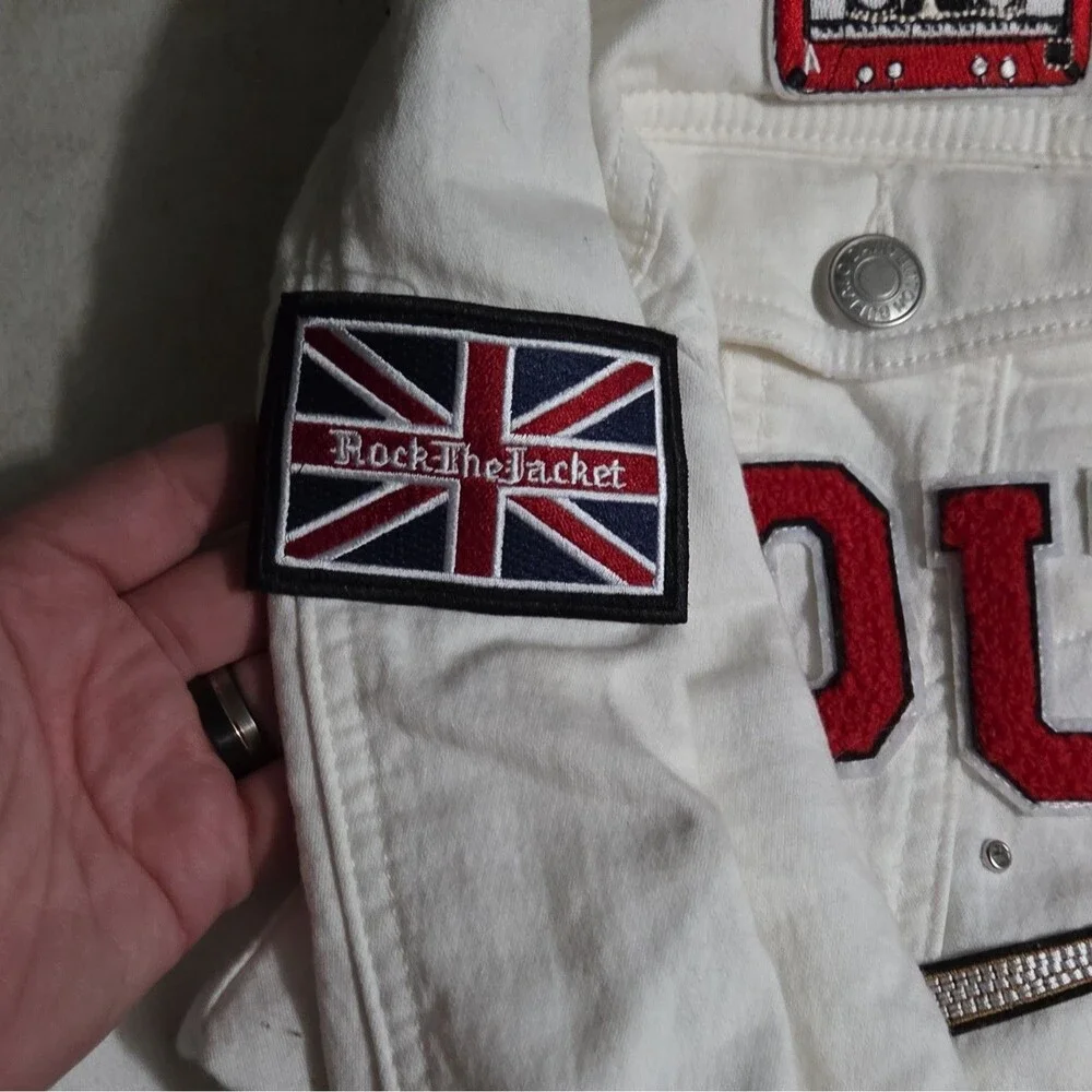 Custom Journey Band White Patch Denim Jacket Studded Sz XXL (Fits Like Large)